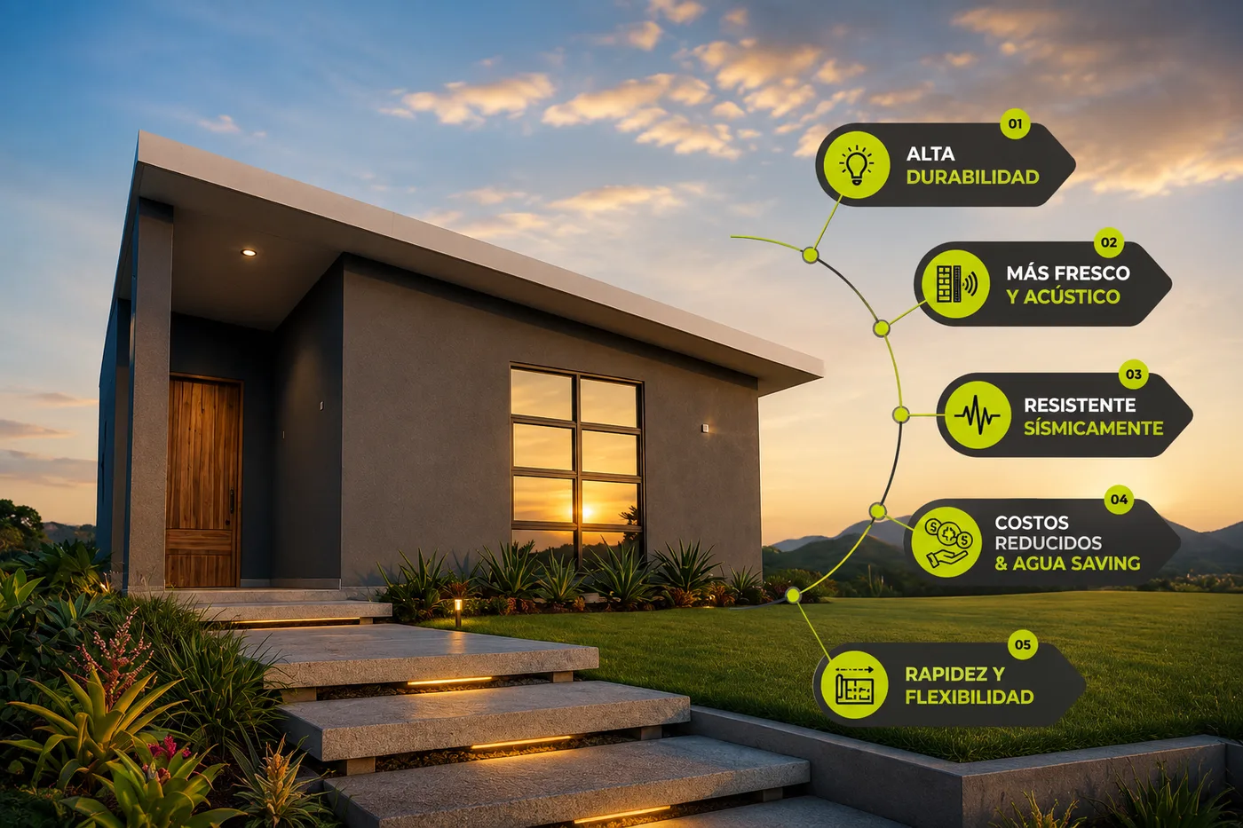 Ventajas del sistema constructivo AP Home: alta durabilidad, más fresco y acústico, resistente sísmicamente, costos reducidos y ahorro de agua, rapidez y flexibilidad.